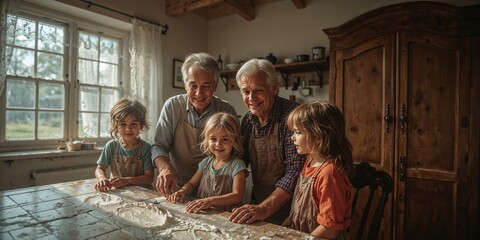 Grandparents baking with grandchildren in bright kitchen