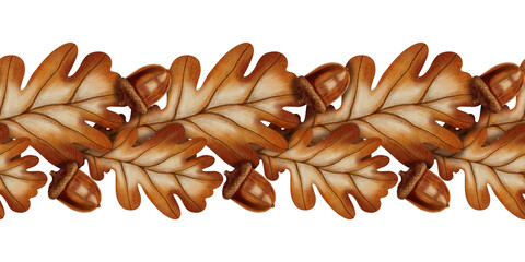 Seamless border with watercolor oak leaves and acorns, hand-painted in warm brown tones. Autumn leaves. Perfect for seasonal decor, packaging and textiles.