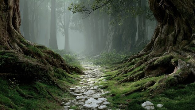 Misty, ancient forest path. Moss-covered, stone-paved walkway through a dense, misty woodland. Large, gnarled tree roots frame the path