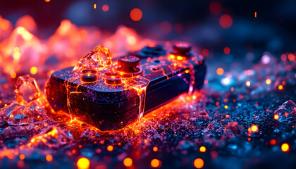 Fiery gaming controller melts into glowing crystals amidst vibrant bokeh lights, symbolizing intense gameplay.