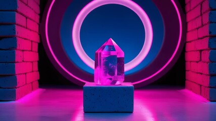 Pan Across Neon-Lit Brick Walls with Rotating Quartz Crystal and Pulsing Neon Ring - Powered by Adobe