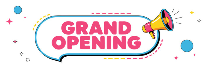 Cartoon Grand Opening Announcement with Megaphone, Speech Bubble, Stars, and Circles on White Background