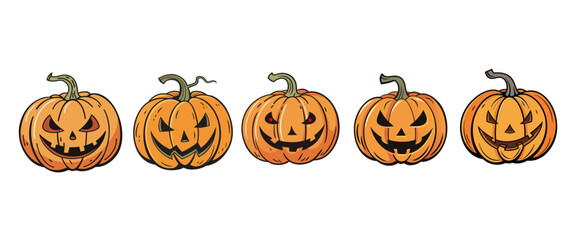 A group of five spooky halloween pumpkins.isolated on a white background.vector eps 10