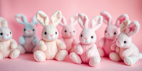Soft focus image of pastel plush bunnies on pink background , holiday, stuffed animal