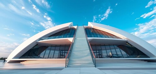 Fototapeta premium Exterior view of a futuristic building with an external staircase ascending to the sky, view, dream
