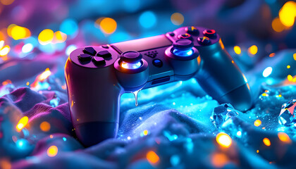 Experience the thrill of victory with this vibrant, neon-lit gaming controller surrounded by sparkling lights.