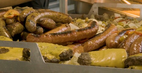 Fried sausage, Tasty food, fast food, roast chicken with vegetables