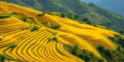 Golden rice terraces cascading down lush green hills in Chiang Mai's countryside,  travel,  beauty