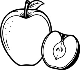 Illustration of a whole apple with a leaf and a half apple showing seeds in black and white outline