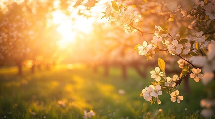 Blossoming orchard at sunset