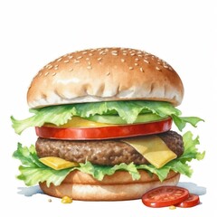 Delicious watercolor burger illustration with sesame seed bun, lettuce, tomato, and cheese, yummy!