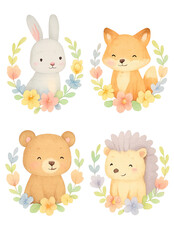 Obraz premium Isolate transparent Cute Animal Illustrations with Floral Wreaths for Kids' Decor and Designs PNG die-cut for advertising