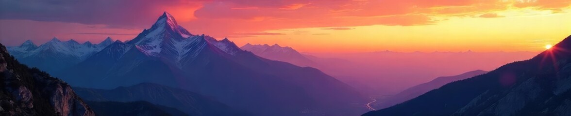 Obraz premium Breathtaking panoramic view of a majestic mountain range at sunset, vibrant colors paint the sky, serene landscape, tranquil nature , sky, valley