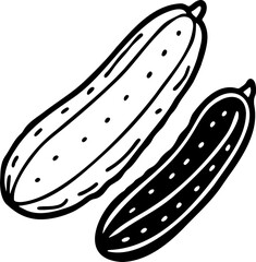 Two outlined cucumbers one larger and one smaller with small dots on them in a black and white drawing
