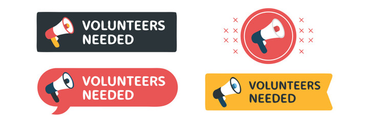 Volunteer Recruitment Cartoon Megaphone Badges in Black, Red, and Yellow Seeking Volunteers to Join the Team