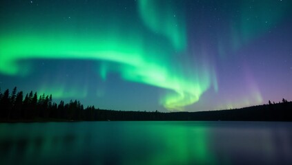 Spectacular green aurora borealis reflecting on a calm lake surface