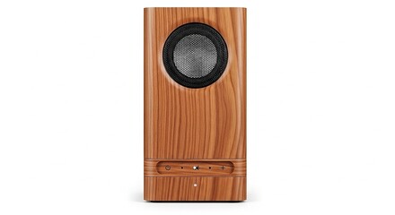 Isolated Wooden Bluetooth Speaker with Round Grill on White Background