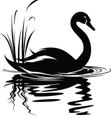 Black and white illustration of a black swan on a lake with water and nature elements