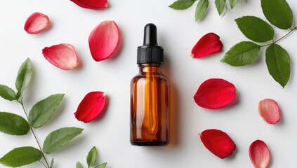 Amber glass dropper bottle surrounded by rose petals and leaves on a white background