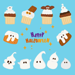 A fun Halloween-themed chocolate cookie dessert set featuring ghosts, pumpkins, spiders, eyeballs, mummies, and monsters. Perfect for seasonal food, parties, and decorations. Vector illustration.