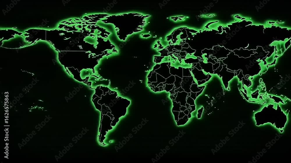 Poster luminous green world map outline symbolizing global networks and futuristic technology
