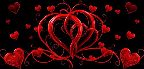 Intricate red hearts intertwined on a deep black background,  pattern,   passion