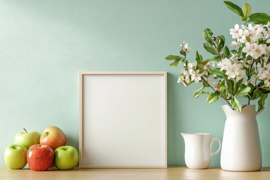 Light mint green wall, wooden shelf with apples, white pitcher and flowers, blank framed poster