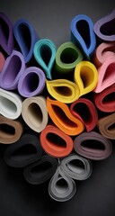 Rolled fabric swatches in a heart-shaped design, various colors
