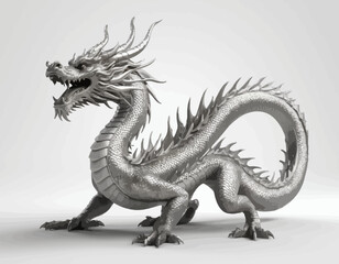 The dragon is presented in a monochrome palette, primarily in shades of gray and white, which highlights its intricate textures and forms. Its long, serpentine body is coiled, and it is depicted with 