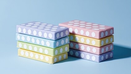 Obraz premium Pastel-colored boxes with white polka dots stacked on a light blue surface