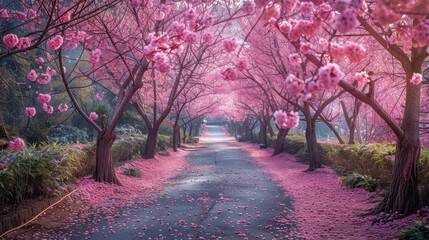 A serene pathway lined with blooming cherry blossom trees, creating a picturesque scene filled with pink petals.