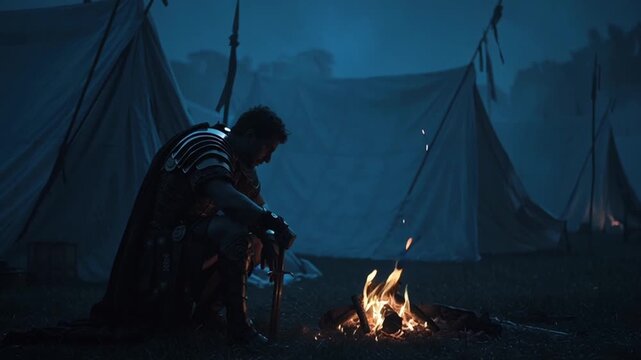 Silent night before the battle. Roman commander alone near campfire sword, silhouette moonlit tents shadowed legion. flames armor ghosts. Introspective, epic. Moody lighting, intimate warrior solitude