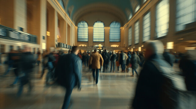 A busy train station with people walking around