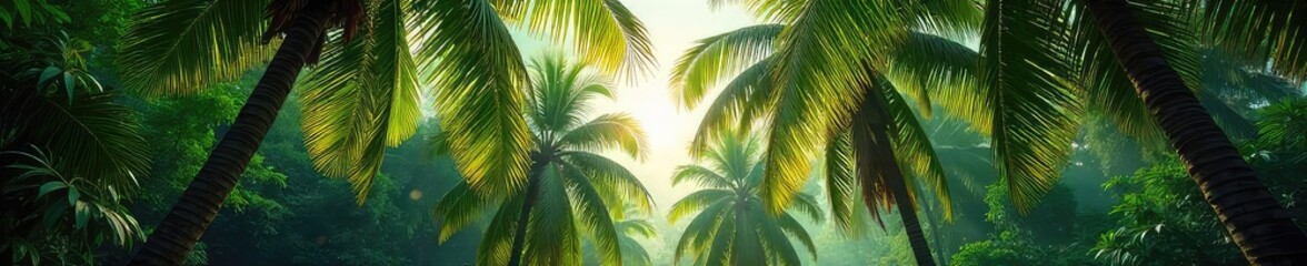 Dense palm trees create a lush, vibrant forest canopy, sunlight filtering through the leaves, casting dappled shadows on the ground  A tranquil and serene natural scene  ,  forest,  tropical