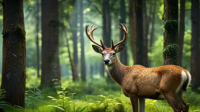 Majestic deer grazing in lush green fields of Denmark during a sunny afternoon