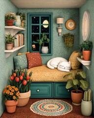 A cozy reading nook featuring a sleeping cat, potted plants, and vibrant flowers, bathed in warm, inviting colors, perfect for relaxation.