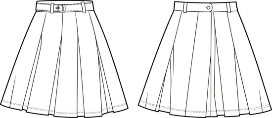 
Flat vector illustration of pleated A-line skirt with waistband and belt, front and back technical fashion sketch