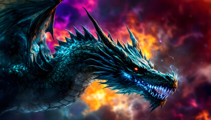 Fierce teal dragon with glowing eyes and sharp teeth unleashes electric energy against a fiery sky