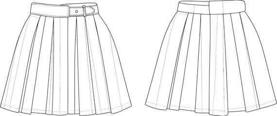 
Flat vector illustration of pleated mini skirt, fashion garment design, technical drawing, front and back views included