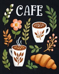 A delightful illustration featuring coffee cups among floral elements. Perfect for cafe themes, inviting atmospheres, and culinary inspirations.