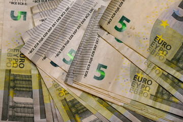 Pile of Five Euro Banknotes Close Up