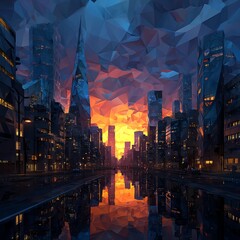 A stunning abstract cityscape at sunset, showcasing geometric urban structures reflecting on the water, creating a serene yet vibrant atmosphere.