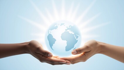 Diverse hands cradling a glowing Earth globe, symbolizing global care and unity.