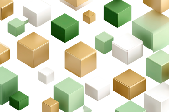 Abstract geometric pattern of interconnected cubes in shades of beige, white, and green