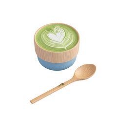 Light green matcha latte in a light blue and light brown bowl with a heart latte art design, alongside a wooden spoon