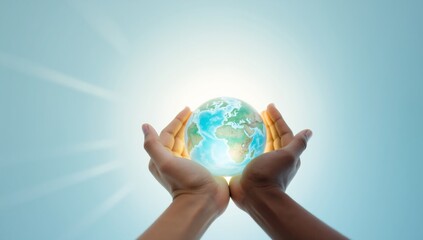 Hands holding a glowing Earth globe, symbolizing environmental protection and global care.