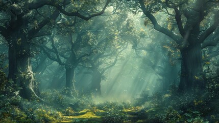 Obraz premium A serene forest scene with sun rays filtering through dense trees, creating a mystical and tranquil atmosphere.