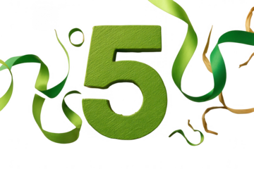 Green 3D number five, surrounded by ribbons
