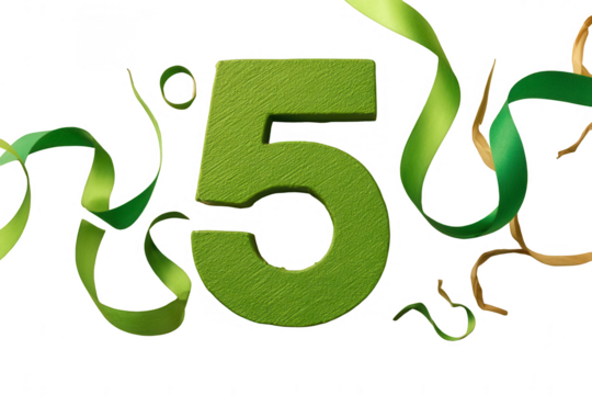 Green 3D number five, surrounded by ribbons