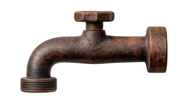 Rusting faucet: A close-up view of a vintage rusted faucet, capturing the textured details of the metal. The faucet's old, weathered appearance speaks of enduring use and classic design.
